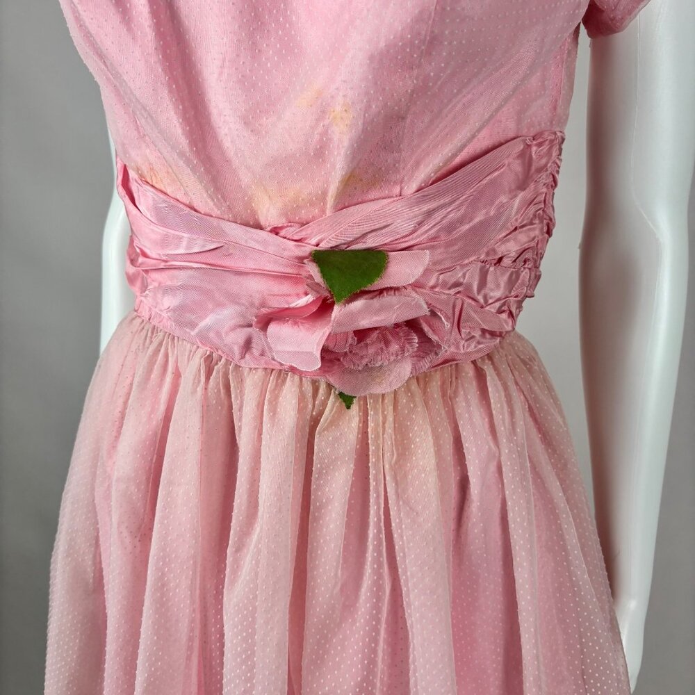 Vintage 50s Prom Dress Women's XS Pink Dotted Swiss Full Skirt Formal Fit Flare - Picture 4 of 15
